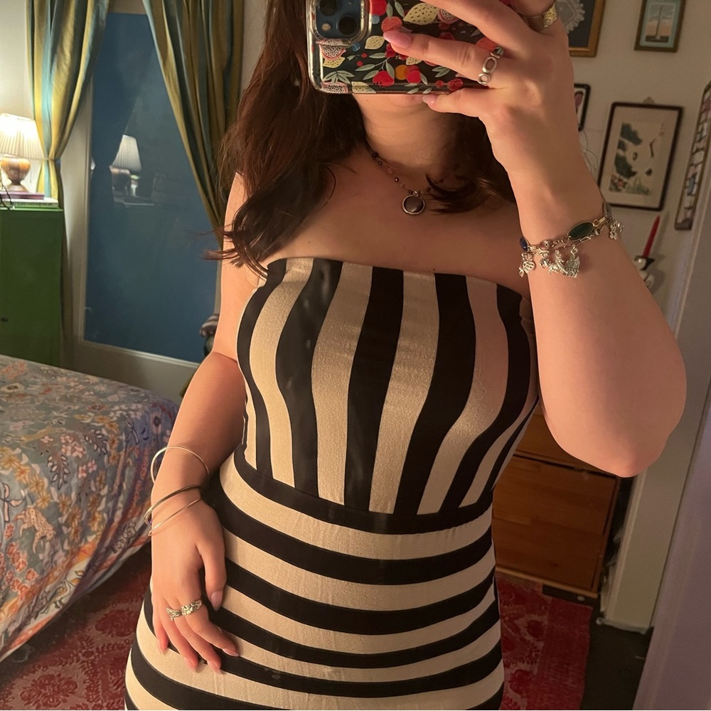 Striped Black and Cream Strapless Dress